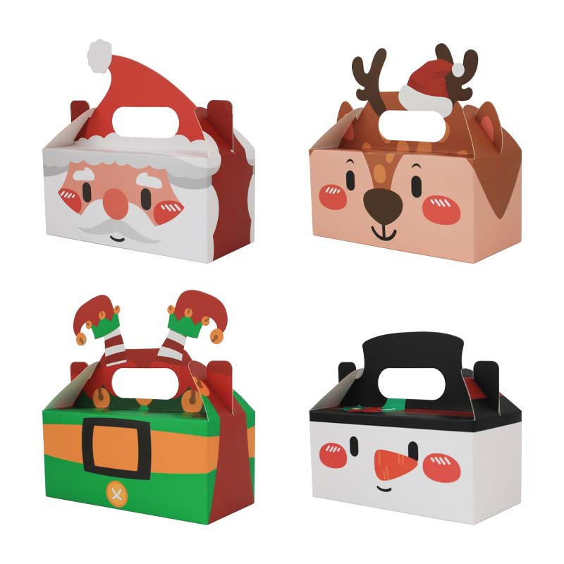 4PCS Foldable Christmas Treat Boxes Mini Cute Santa Cardboard Present Candy Cookie Boxes with Handles Holiday Party Favor