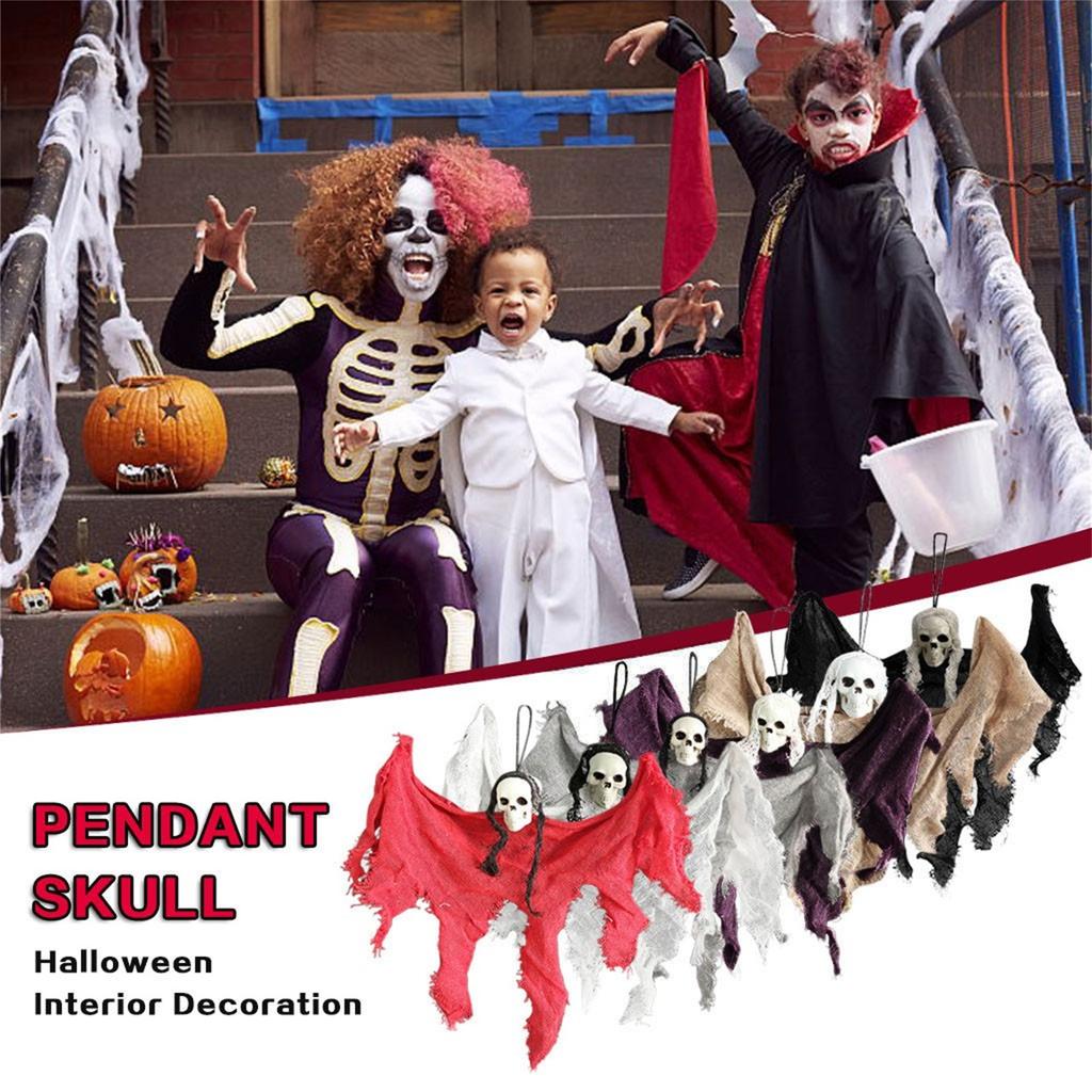 Halloween Hanging Ghost Decoration with Mesh Fabric and Skull Head for Indoor Outdoor Party Haunted House Props