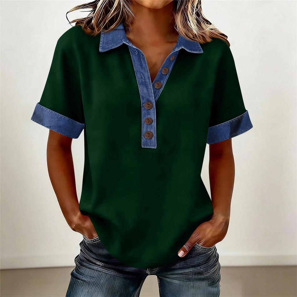 Denim Patchwork Shirts For Women Stand Collar Casual Blouse Short Sleeve Comfy Tshirt Spring Summer Fashion