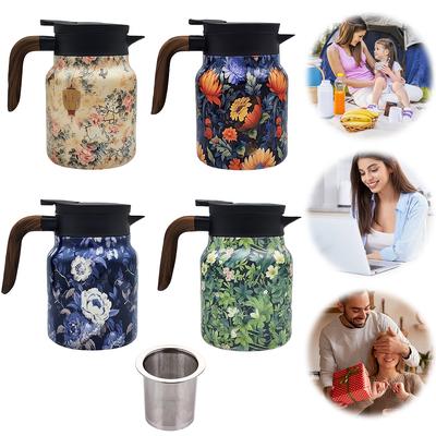 800ml Retro Floral Kitchen Tea Kettle with Infuser Insulated Teapot Wood Handle Tea Separation Thermal Insulation Pot for Family