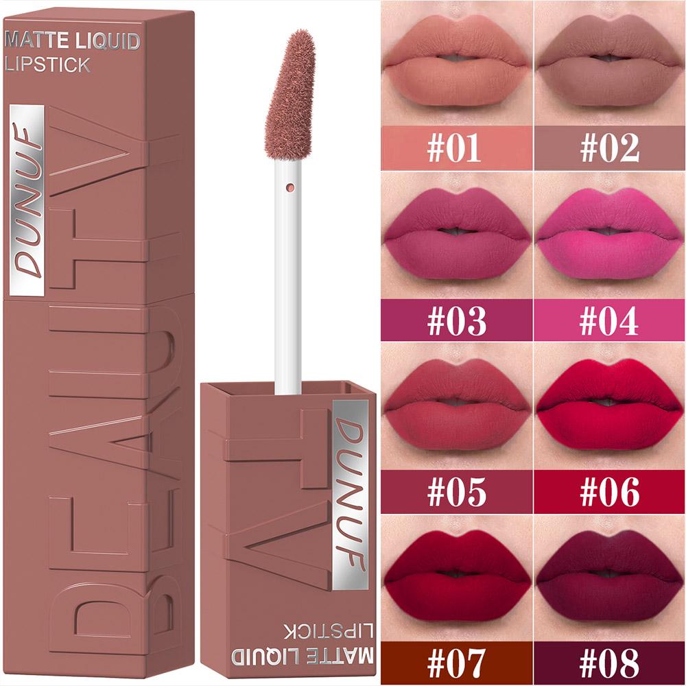 DUNUF 8-farbiger matter Samt glatter einfach aufzutragender quadratischer Tuben-Lippgloss wasserfester dreidimensional aufpolsternder Lippenstift