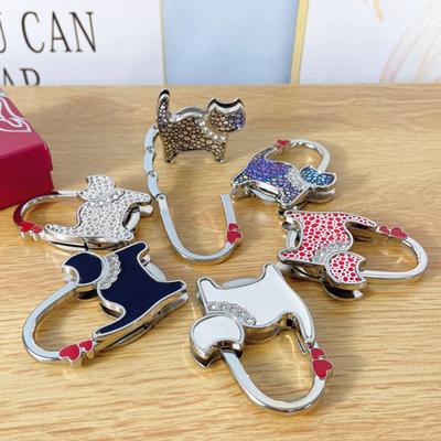 Cat-Shaped Bag Hook with Shiny Rhinestones Decor Non-Slip Base Foldable Desk Edge Handbag Hanger Keychain