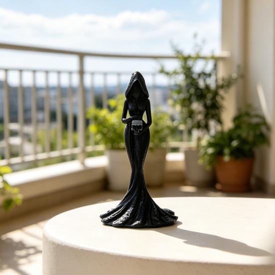 Faceless Hooded Resin Statue, Gothic Dark Halloween Ornament, Mysterious Ghost Holding Skull Sculpture, Artistic Figurine with Dress for Living Room