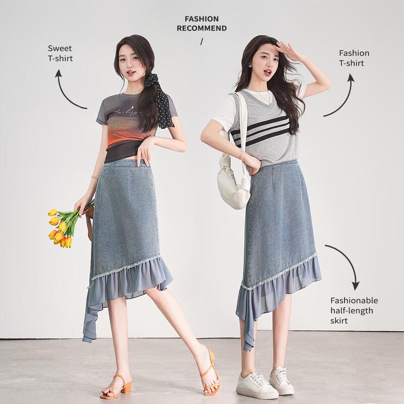 Women s Asymmetrical Ruffle Denim Skirt L