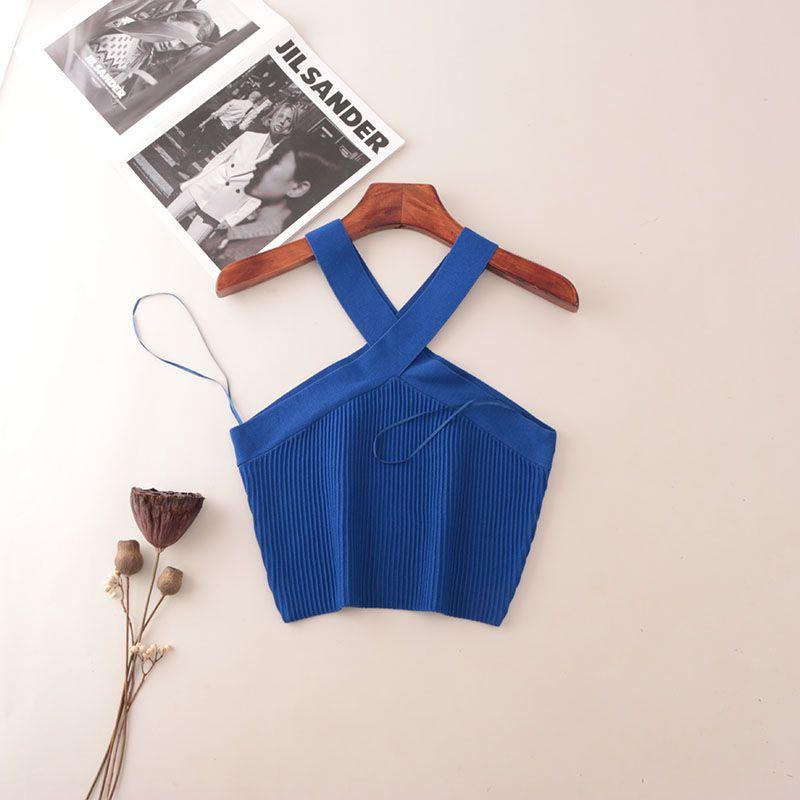 American Fashion Brand Cross Hanging Neck Cami Summer Rib Solid Sexy Short Knitted Top Women