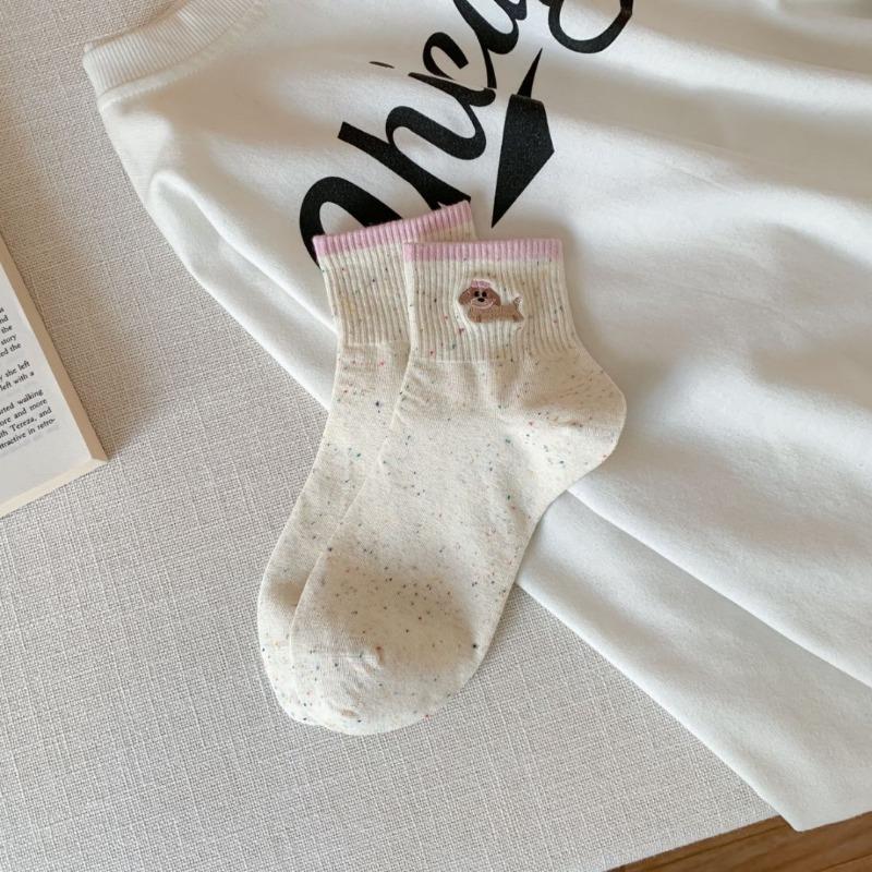 Female Spring and Summer New Style Casual Yarn Color Collision Lovely Dachshund Embroidery Boneless Tube Socks