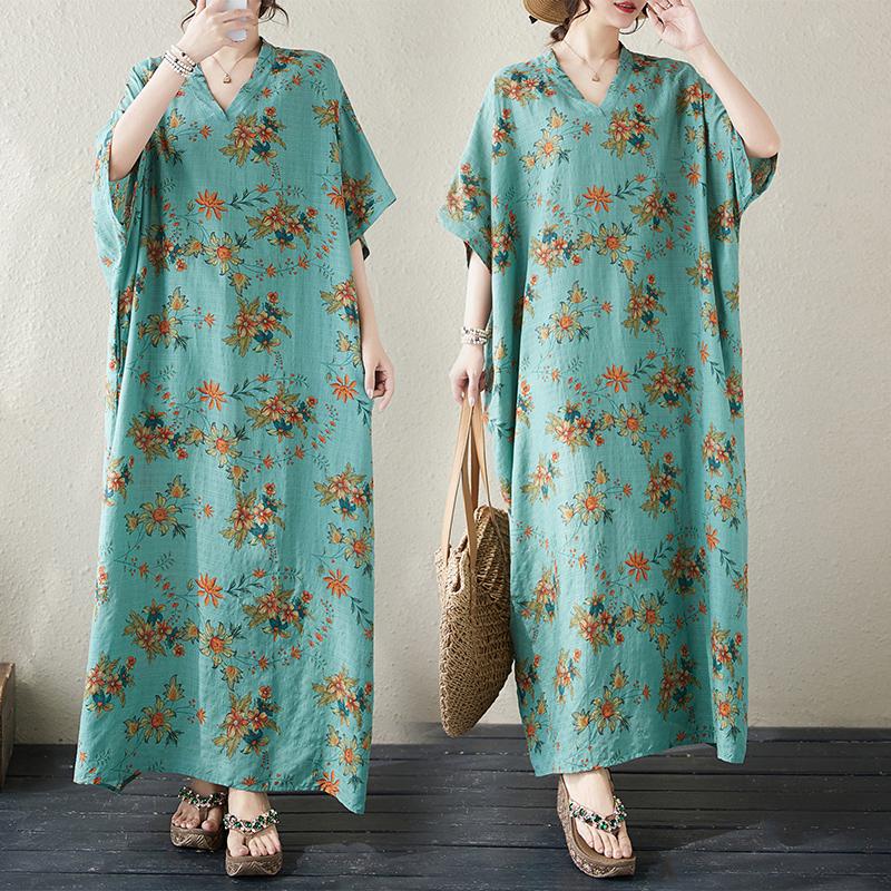 DIMANAF 2024 Plus Size Summer Women Beach Dress Basic Holiday Floral Print Loose Style Vintage Long Dresses