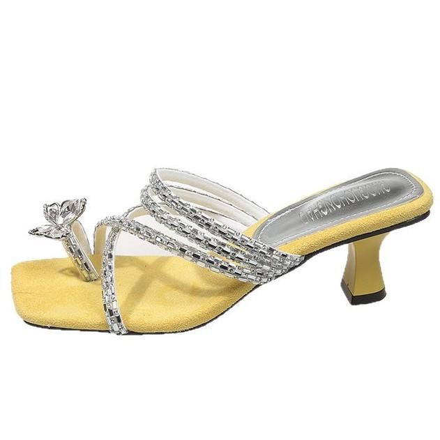 Slippers Women's Outer Wear 2025 Summer New Rhinestone Thick Heel with Skirt High Heel Word with Bow Cool Slippers Women