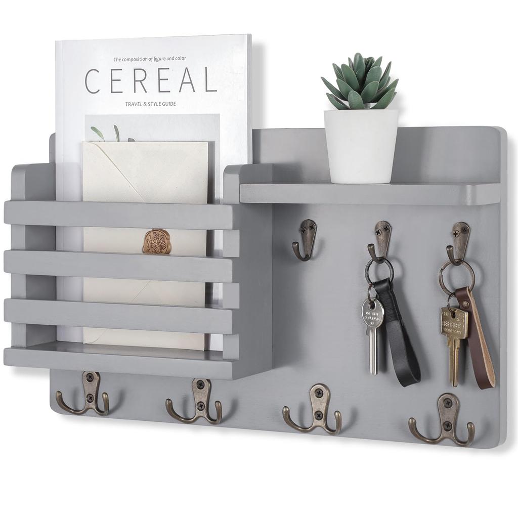 Mail Organizer for Wall Mount Rustic Wood with Key Hooks Hallway Farmhouse Decor Letter Sorter with Floating Shelf