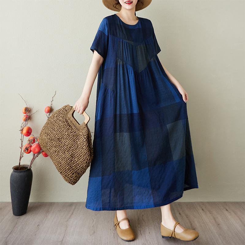 DIMANAF 2025 Summer Women Vintage Linen Plus Size Long Dress Short Sleeve Casual O-Neck Basic Loose Dress