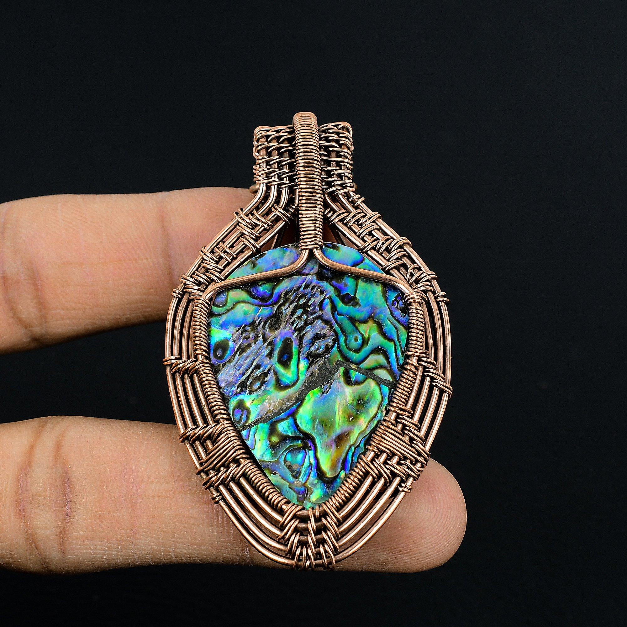 

Кулон из раковины абалона, обернутый медной проволокой 999 пробы, Ювелирные изделия с подвеской из драгоценного камня ручной работы, Подарки для жены, Совершенно новый кулон 2.55 Inches