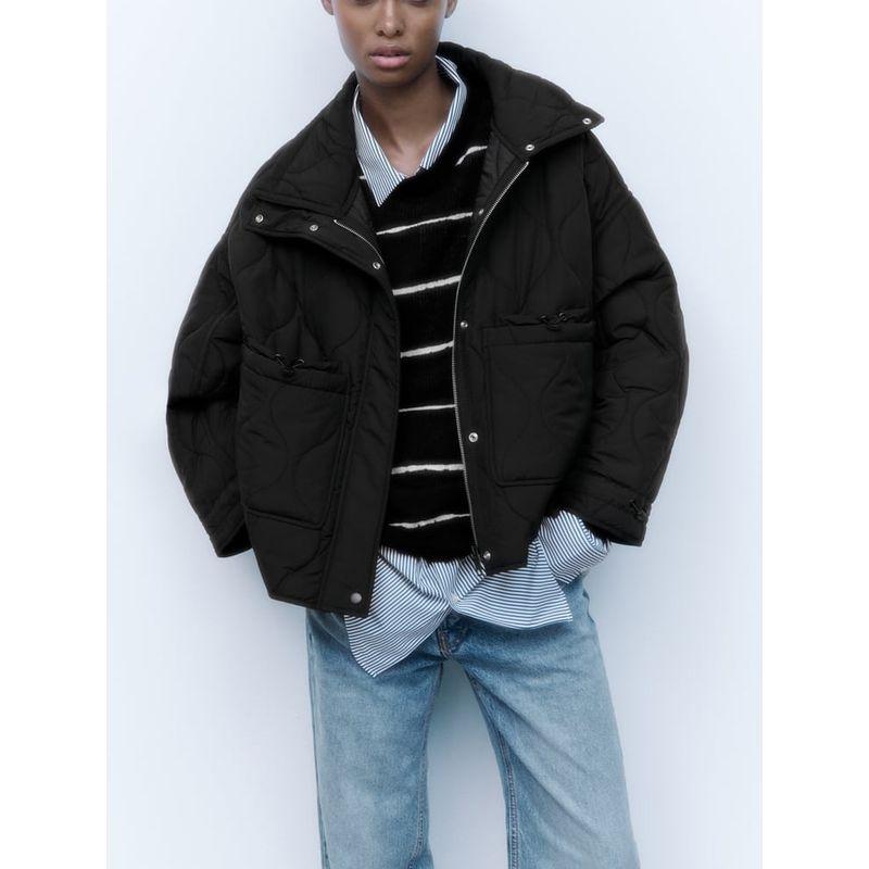 Autumn and Winter New Pocket Decoration Loose Long Sleeve Stand Collar Small Rhombus Cotton-padded Jacket Jacket 2969253
