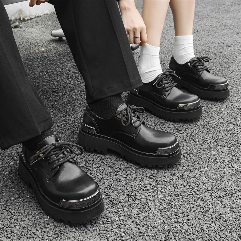 Niche design sense square head small leather shoes women's British style derby shoes thick heel lace-up retro single shoes women 5776-J