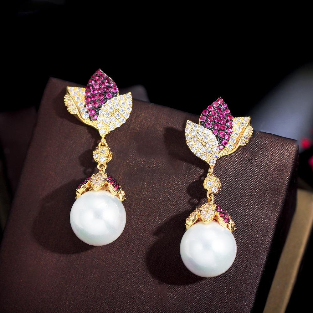 Needle Full Diamond Light Luxury Heavy Industry High-End Flower Earrings Leaf Leaves Slightly Inlaid Zircon Pearl Earrings