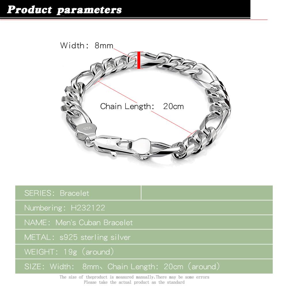 Fashion Men's 100% 925 Sterling Silver Link Chain Bracelet 8 Inches 8/10mm Male Simple Punk Hand Catenary Jewelry