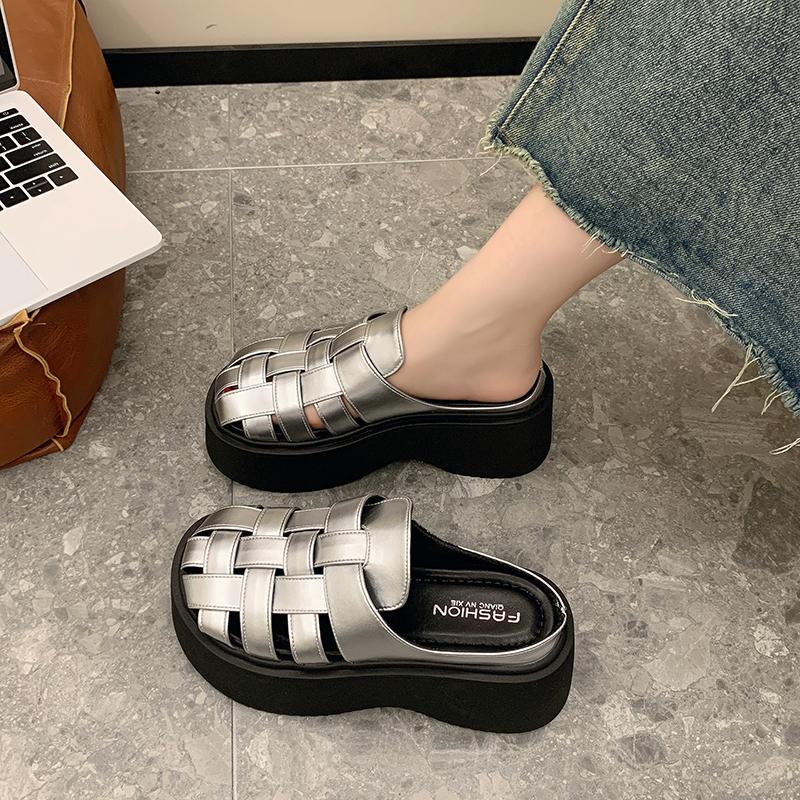 Fashion French Woven Shoes Baotou Slippers Women's Spring and Summer New Fashion Roman Style Thick-soled Hollow Breathable Slippers