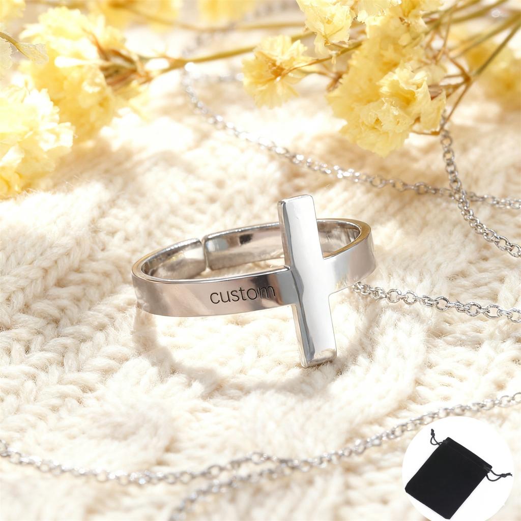 Customized Name Cross Ring Personalized Carving Name Date Ring Stainless Steel Adjustable Couple Ring Commemorative Jewelry Gift