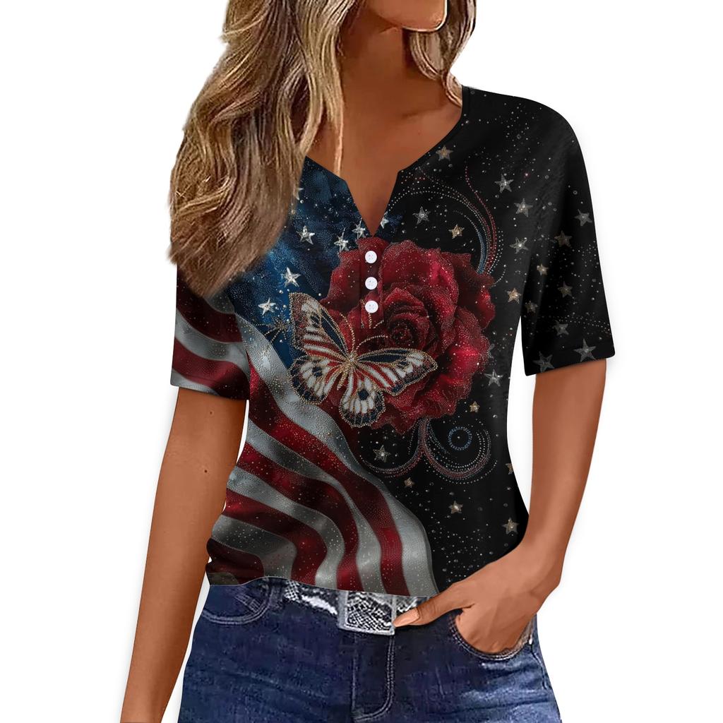 Women's T Shirt Tee Print Button Short Sleeve Daily Weekend Fashion Basic V- Neck Regular Top