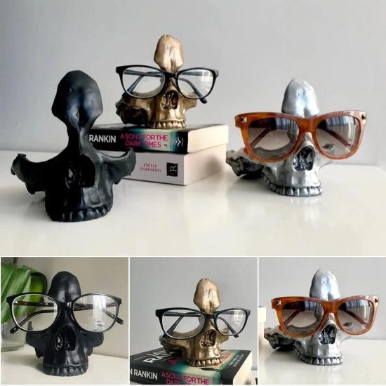 Skull Glasses Stand Holder, Creative Eyeglasses Holder, Resin Statue Ornament, Sunglasses Spectacle Display Rack for Home, Office, Desk, Nightstand