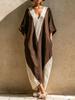 European and American summer new women's clothing medium-sleeved V-neck contrasting color loose women's long dress