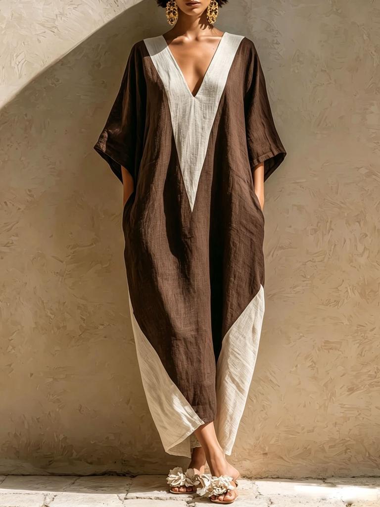 European and American summer new women's clothing medium-sleeved V-neck contrasting color loose women's long dress