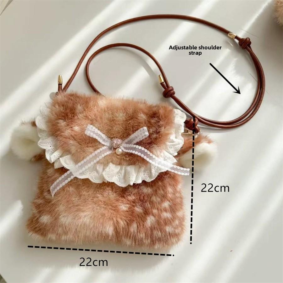 Cute Plush Deer Spot Pattern Handbag Ins Kawaii Commuter Bag Women's Faionable Versatile Oulder Bag Autumn Winter  Arrival