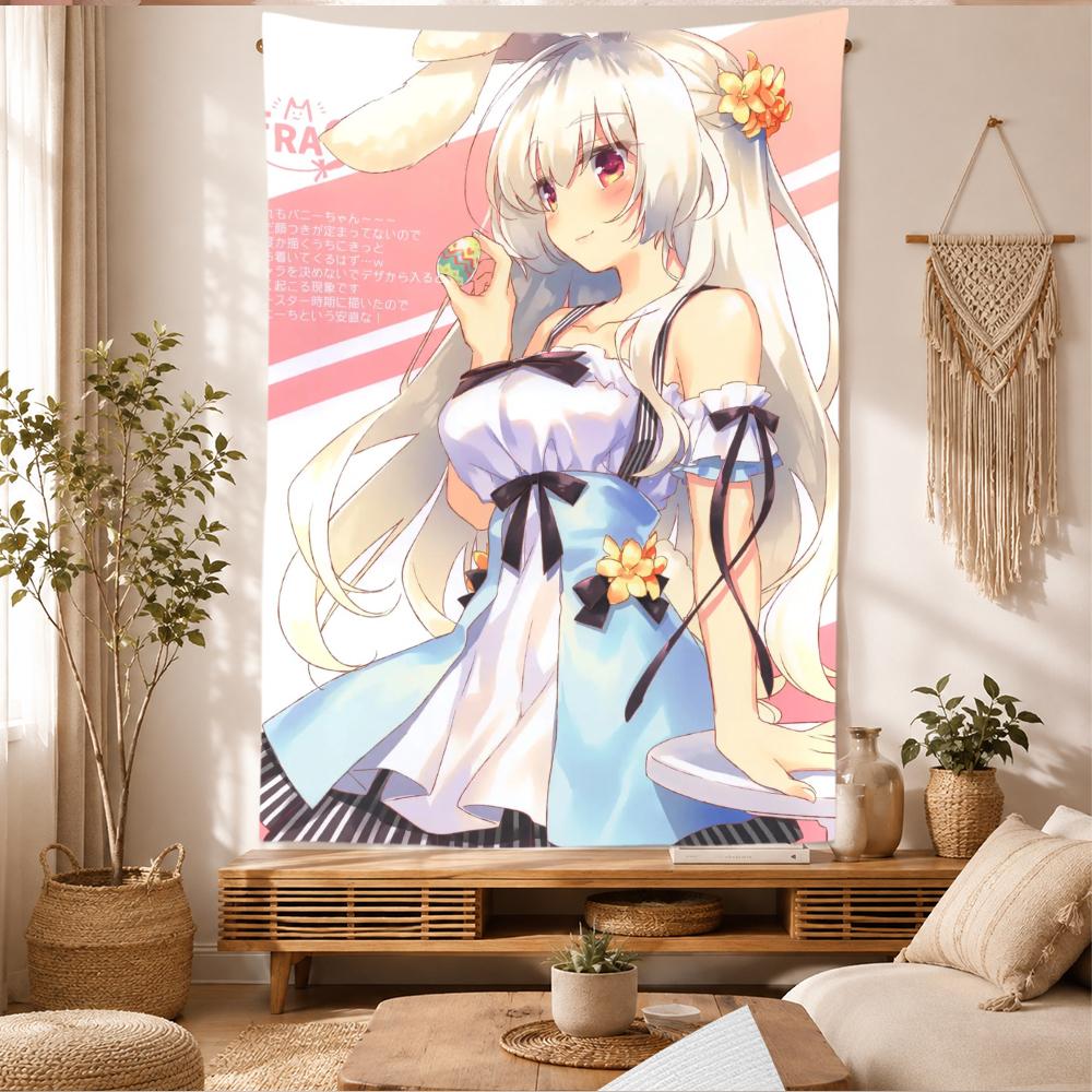 Cute Anime Girl Tapestry Wall Hanging Silver Hair Bunny Ears Blue White Dress Manga Art Bedroom Dorm Home Decor Fans Gifts