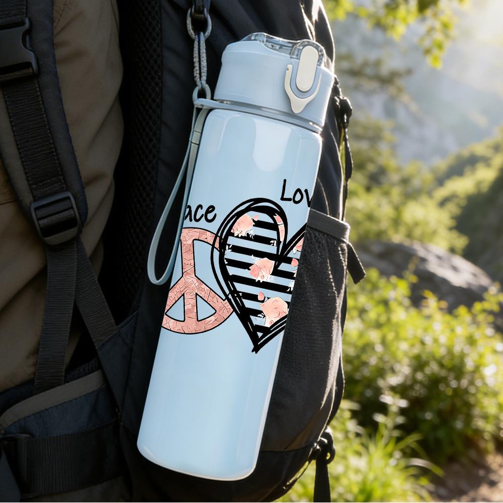 1PC Peace Sign Coffee Cup Heart 750ml Color Plastic Sports Water Bottle Leakproof Flip Straw Lid Suitable for Sports Office Home Use