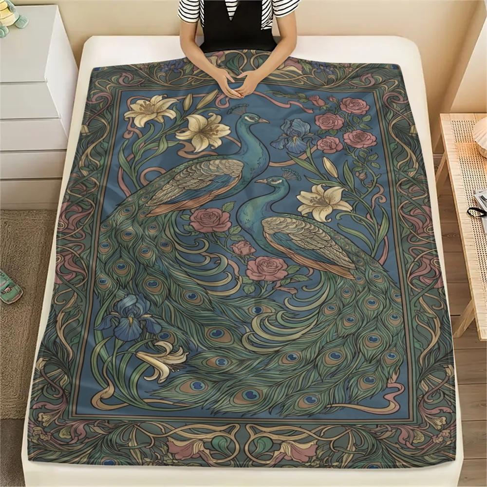 1Pc Peacock Print Flannel Blanket, High quality Comfortable for All Seasons, Home Decor, Warmth and Comfort, Perfect for Christmas Gifts W118