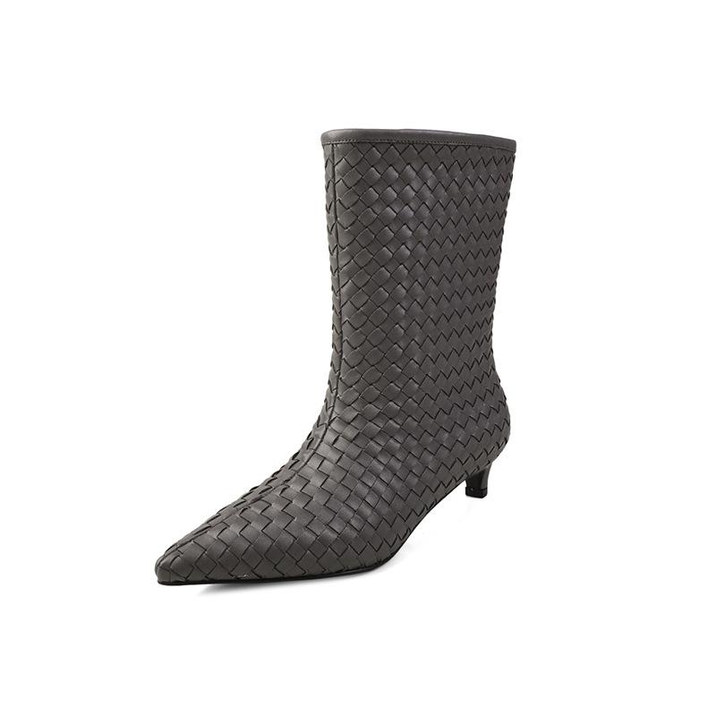 3.7CM autumn new microfiber woven small short boots pointed minimalist style fashionable versatile pointed thin heel high boots