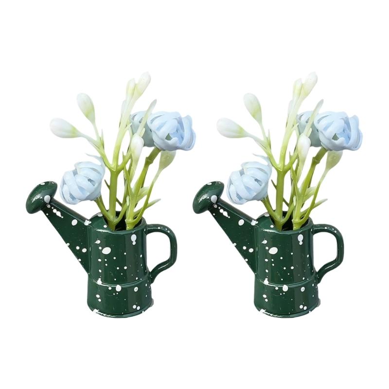 

2 Set Doll House Accessory Potted Plant with Watering Can Shape Pot For 1:12 Scale Miniature Living Room Scene Setting 1