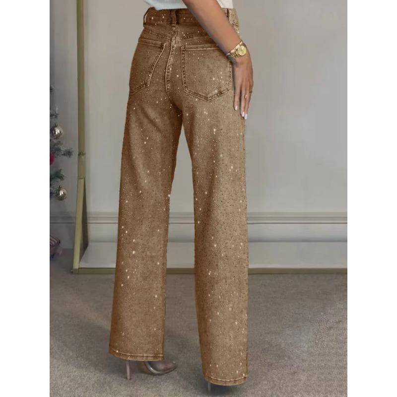 Shiny Rhinestone Jeans Pants Sexy Women High Waist Elegant Night Club Diamonds Denim Straight Trousers