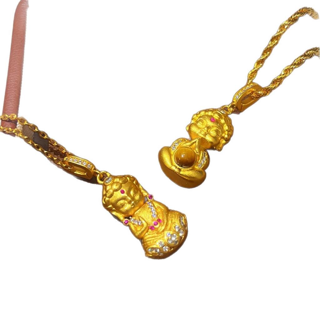 Ancient Frosted Tiger Eye Baby Buddha Necklace Braided Lotus Small Gold Buddha Pendant Necklace