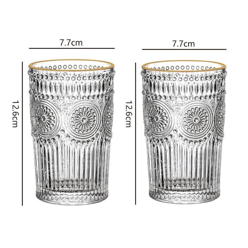 2pcs Set Vintage Sunflower Glass Cup Large Capacity Embossed Gold Edge Glass Cups for Water Cocktail Milk Tea Juice Beer Glasses