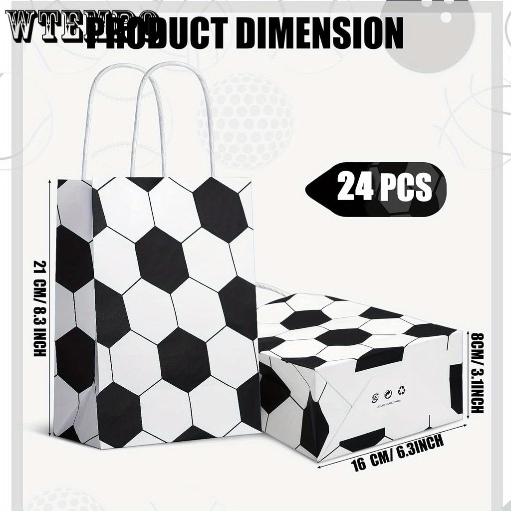 24 Pack Soccer Themed Paper Party Favor Bags with Handles - Durable Kraft Gift Storage Packaging for Sports Birthday, Team Events Tote Bags