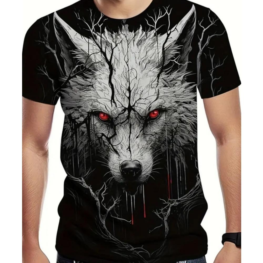Men's Fashion 3D Pattern Fire Wolf Pattern Printed T-shirt Summer Extra Large Casual T-shirt Men's Fitness Short Sleeve Top