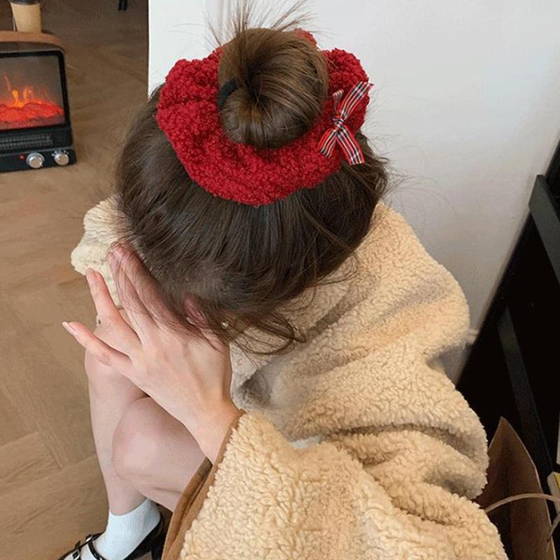 

Gentle Red Bow Hair Band Classic Style Tweed Large Intestine Hair Band Woven Pleated Rubber Band Year Hair Accessories