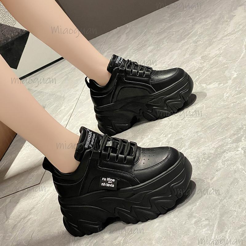 Fashion White Black Chunky Sneakers Women Spring Autumn Thick Bottom Shoes Woman Fashion PU Leather Platform Casual Sneakers Ladies