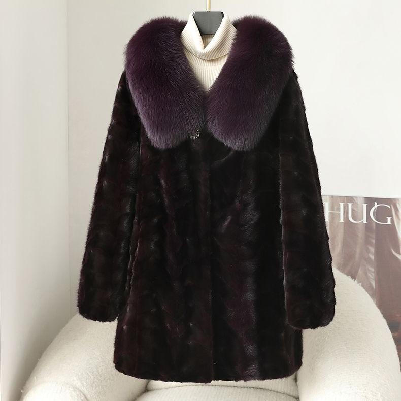 Winter Women's Mink Coat Fluffy Luxury Mid-Length Fur Coat with Fox Fur Collar