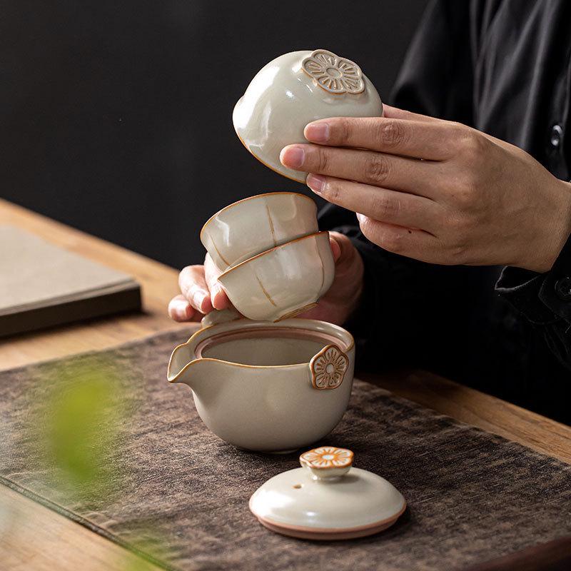 Portable Ru Kiln Kung Fu Tea Set: One Pot, Three Quick-Brew Cups, Perfect for Corporate Gifts