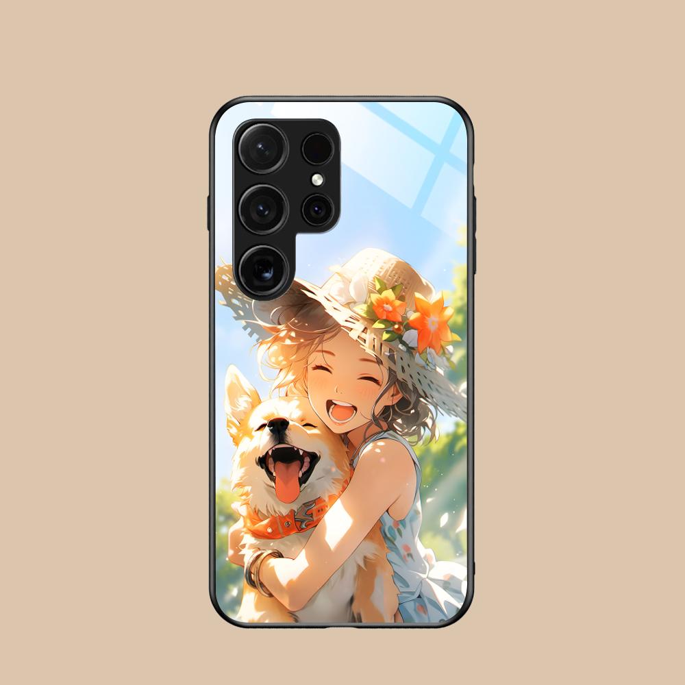 Girl Dog Puppy Glass Mobile Phone Case for Samsung Galaxy A56 55 54 53 52 51 36 35 34 23 16 15 5G Colorful Cover