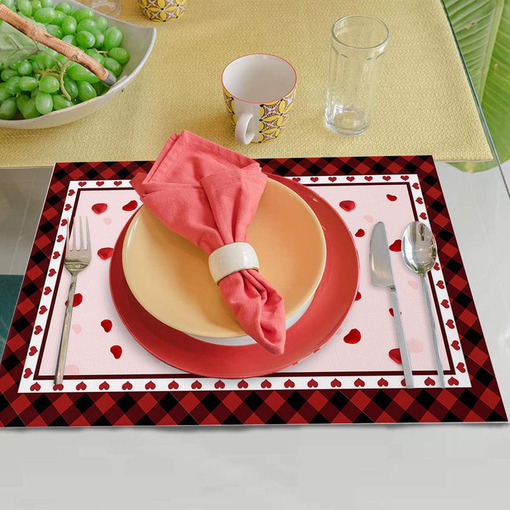 4Pcs Valentine's Day Placemats Set Of 4 For Dining Table Cotton Linen Heat Table Mats  Washable Love Heart Red Check