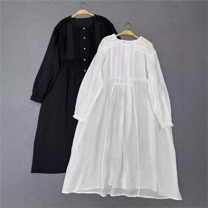 Johnature Japanese Autumn Accordion Pleats Lace Long-sleeved Dresses Vintage Casual Loose Simple Women Dress