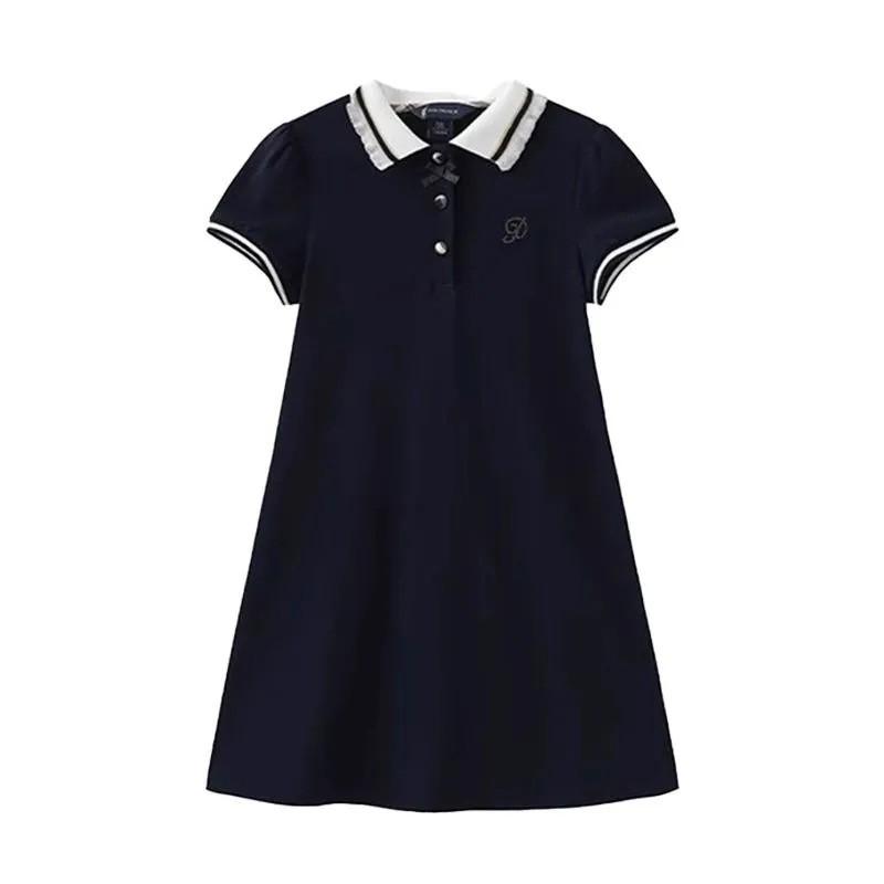 Girls Polo Collar Short Sleeve Dress Preppy Style A-Line Skirt Kids Over 4 Years Old