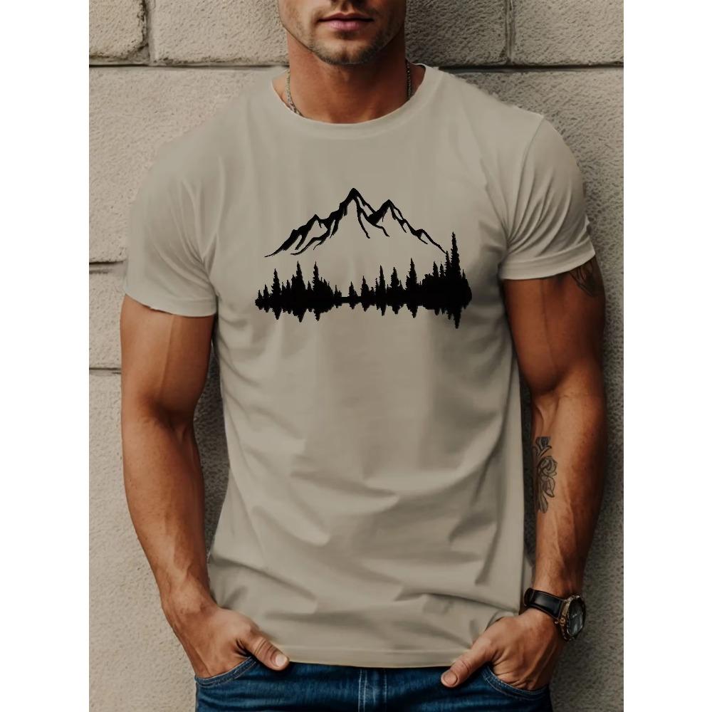 Men's Casual Summer Printed T-shirt, Casual Round-neck Short-sleeved T-shirt with Big Mountain Tree Pattern, Oversized Breathabl