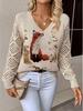 Women's Off-White V-Neck Knit Sweater with Blue Floral Pattern and Lace-Up Sleeve Detail