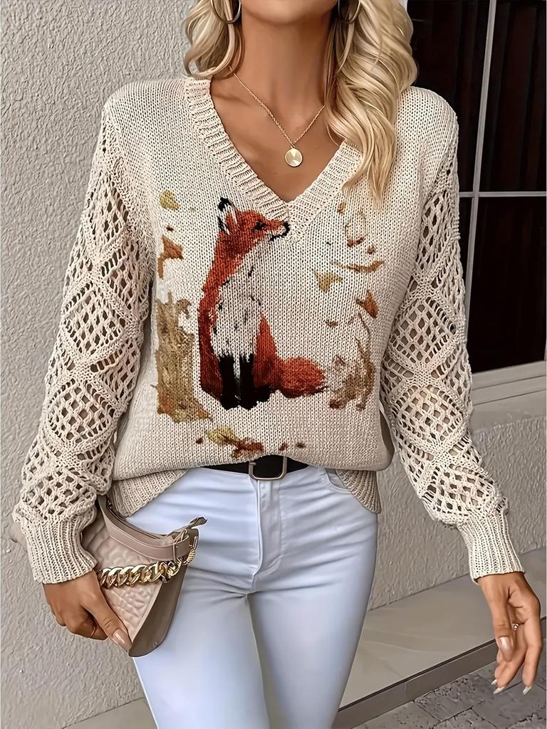 Women's Off-White V-Neck Knit Sweater with Blue Floral Pattern and Lace-Up Sleeve Detail