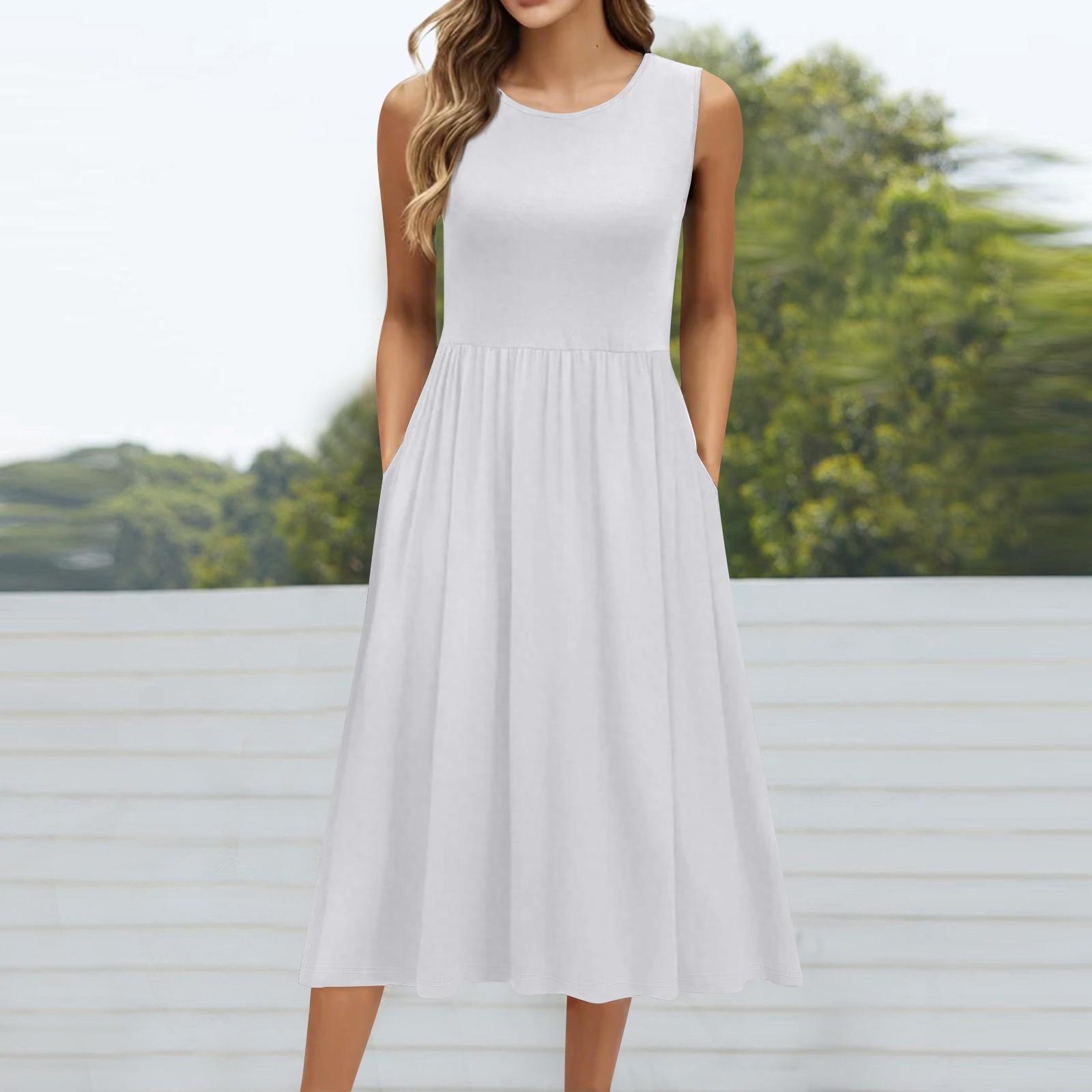 

Женское модное однотонное платье без рукавов с круглым вырезом и карманом средней длины XL