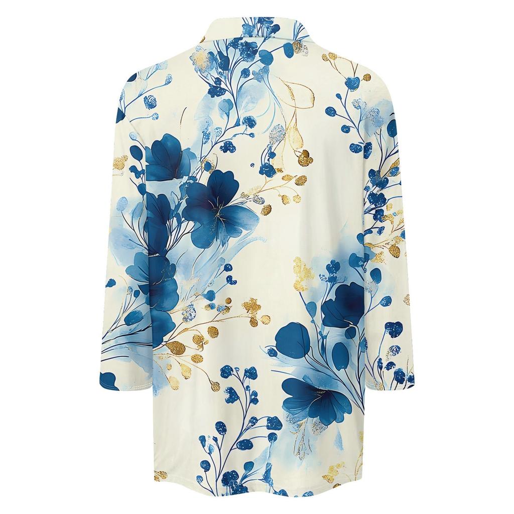 Damenmode Lässiges Revers 3/4 Ärmel Bedrucktes Hemd Damen V-Ausschnitt Oberteile