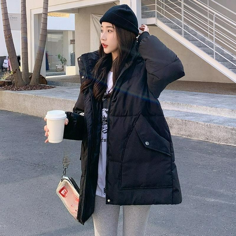 

Зимняя Свободная Куртка с Капюшоном и Утеплителем Женская Модная Куртка-Пуховик Средней Длины с Большим Карманом Куртка с Утеплителем Тренд XXL чёрный